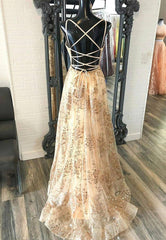 Champagne V-Neck Sequins Long Prom Dresses, A-Line Evening Dresses