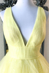 Yellow V-Neck Tulle Long Prom Dresses, A-Line Evening Dresses