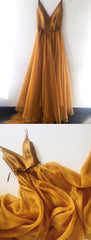 Spaghetti Strap A Line V Neck Gold Formal Long Prom Dresses