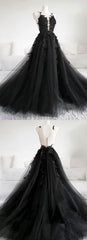 Black Tulle Applique Long Prom Dress, Black Evening Dress