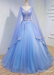 light blue tulle v neck long sleeve lace applique prom dress for teen
