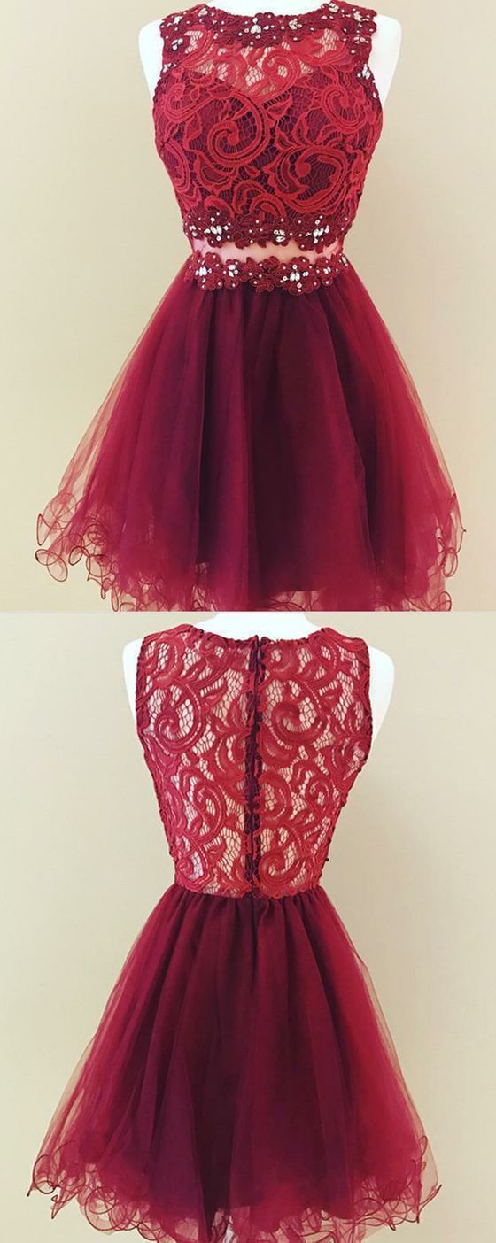 A Line Jewel Short Burgundy Tulle Homecoming Dress With Lace Sequins
