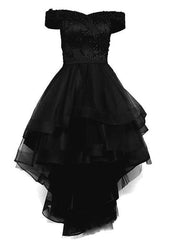 black off shoulder tulle and lace high low homecoming dress 2024 black prom dress