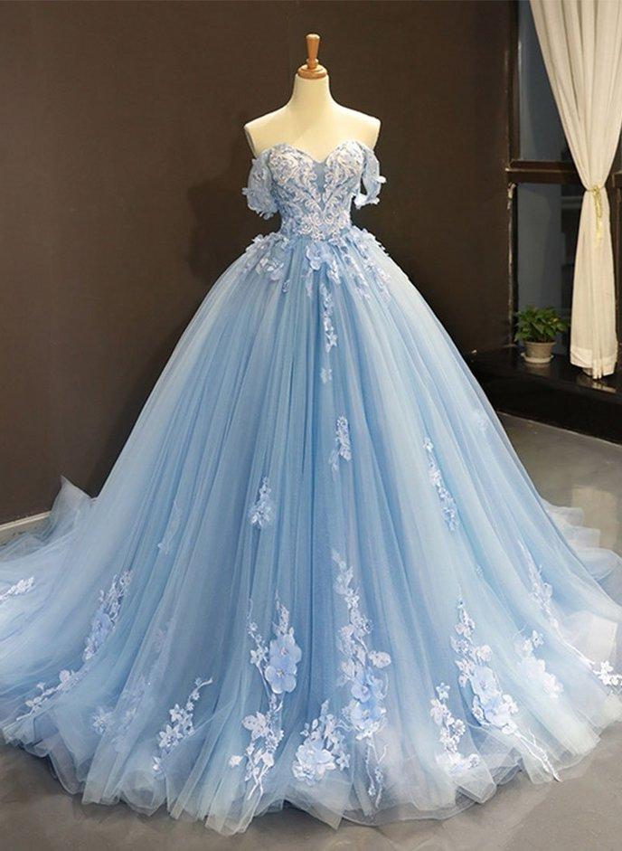 Blue Tulle Lace Long Prom Gown Blue Evening Dress