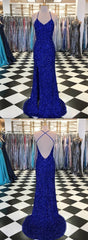 Sparkly Prom Dresses With Slit Sheath Short Train Long Royal Blue Prom Dress