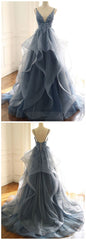TULLE LACE LONG BLUE Prom Dresses