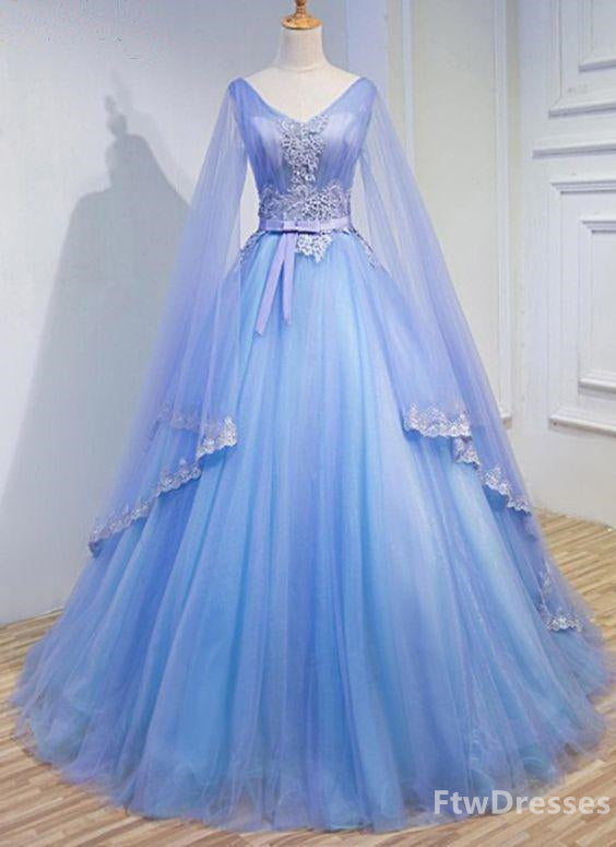light blue tulle v neck long sleeve lace applique prom dress for teen
