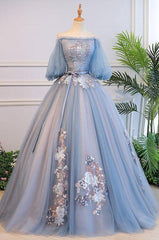 Unique Blue Tulle Lace Long Prom Dress, Blue Evening Dress