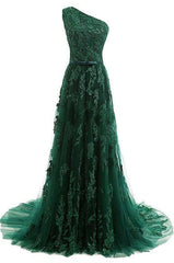 A Line One Shoulder Sweep Train Dark Green Tulle Prom Dress With Appliques Beading