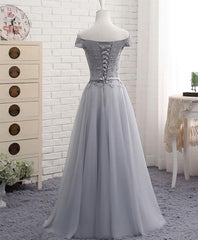 Gray A Line Lace Off Shoulder Prom Dress, Lace Evening Dresses