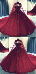 Glam Ball Gown Quinceanera Dress Outfits For Women Lace Applique Beaded Cape, Wine Red Formal Dress Outfits For Women Party Gowns