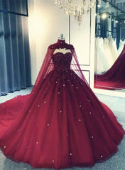Glam Ball Gown Quinceanera Dress Outfits For Women Lace Applique Beaded Cape, Wine Red Formal Dress Outfits For Women Party Gowns