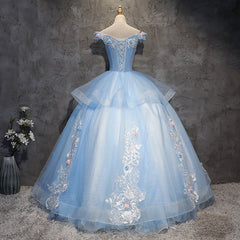 Glam Blue Ball Gown Tulle with Lace and Flowers Sweet 16 Dress Outfits For Girls, Blue Formal Dress