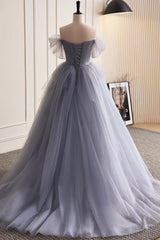 Glam Blue-Grey Tulle with Lace Applique Long Party Dress Outfits For Girls, Tulle Formal Dress Outfits For Women Evening Gown