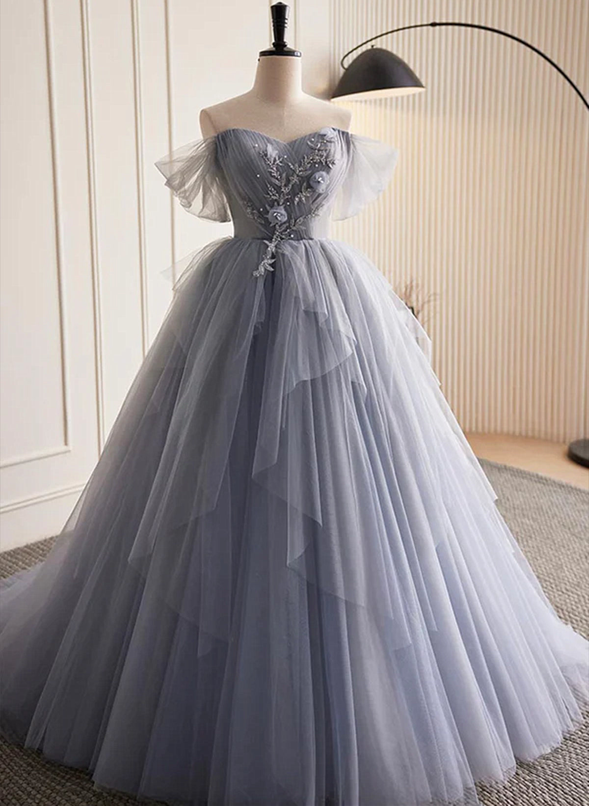 Glam Blue-Grey Tulle with Lace Applique Long Party Dress Outfits For Girls, Tulle Formal Dress Outfits For Women Evening Gown