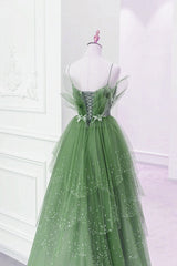 Glam Green Layers Tulle Straps Beaded Long Party Dress Outfits For Girls, Green Long Formal Dress