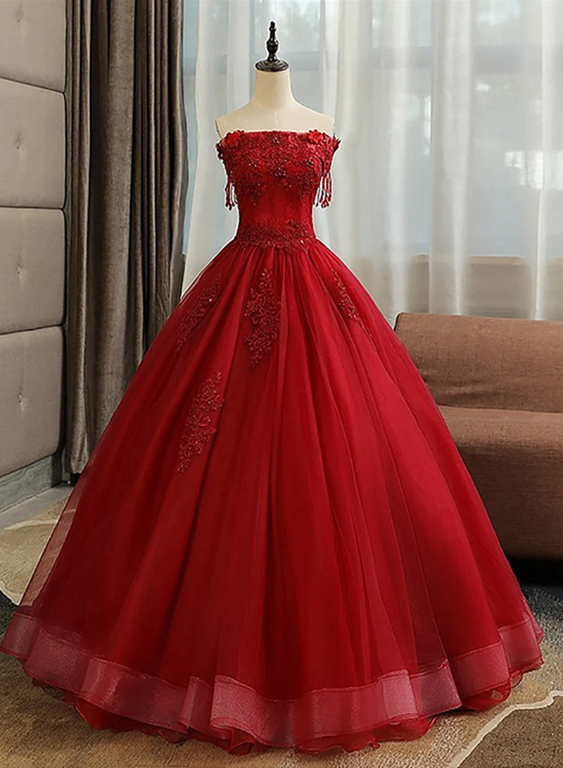 Glam Wine Red Quinceanera Dress Outfits For Women Party Dress Outfits For Girls, Tulle Long Embroidered with Flowers Formal Dress