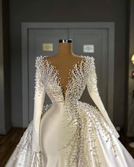 Glamorous Long Sleeve Pearls Wedding Dress Outfits For Women V-Neck With Detachable Train Online