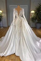 Glamorous Long Sleeve Pearls Wedding Dress V-Neck With Detachable Train Online