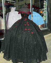 Glitter Black With Burgundy Butterflies Quinceanera Dress Outfits For Women Sweet 16 Dress Outfits For Women Ball Gown