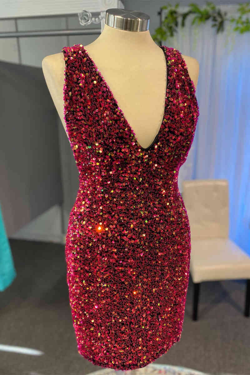 Glitter Burgundy V-Neck Sequined Bodycon Homecoming Dress Outfits For Girls,graduation dresses