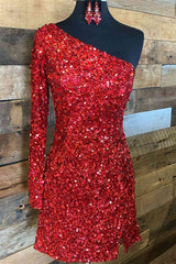 Glitter One Sleeve Red Sequined Homecoming Dress Outfits For Girls,Stunning Cocktail Dresses For Black girls Short Formal