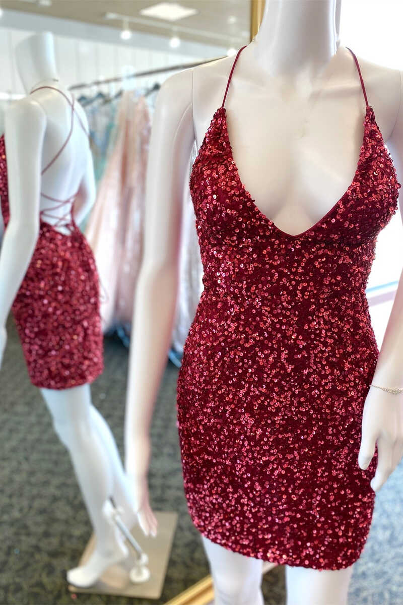 Glitter Red Sequin V Neck Short Homecoming Dresses For Black girls Prom Dress