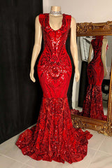Glittery Long Red Mermaid Sleeveless Prom Dresses For Black girls Sequin