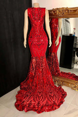 Glittery Long Red Mermaid Sleeveless Prom Dresses For Black girls Sequin