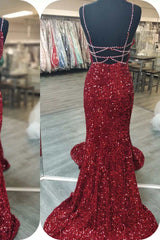 Glittery Mermaid Red Sequin V-Neck Lace-Up Back Prom Dress Outfits For Women Gala Gown