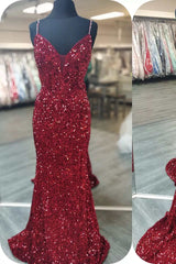 Glittery Mermaid Red Sequin V-Neck Lace-Up Back Prom Dress Outfits For Women Gala Gown