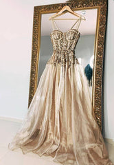 Gold Spaghetti Strap Sequins Long Prom Dresses