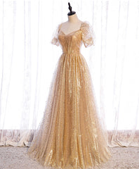 Gold Aline Tulle V Neck Long Prom Dress Outfits For Girls, Gold Formal Dresses
