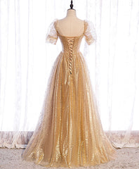 Gold Aline Tulle V Neck Long Prom Dress Outfits For Girls, Gold Formal Dresses