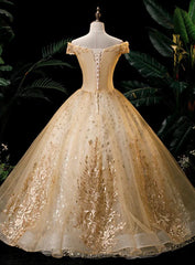 Gold Ball Gown Tulle with Lace Applique Formal Dress Outfits For Girls, Gold Sweet 16 Dress