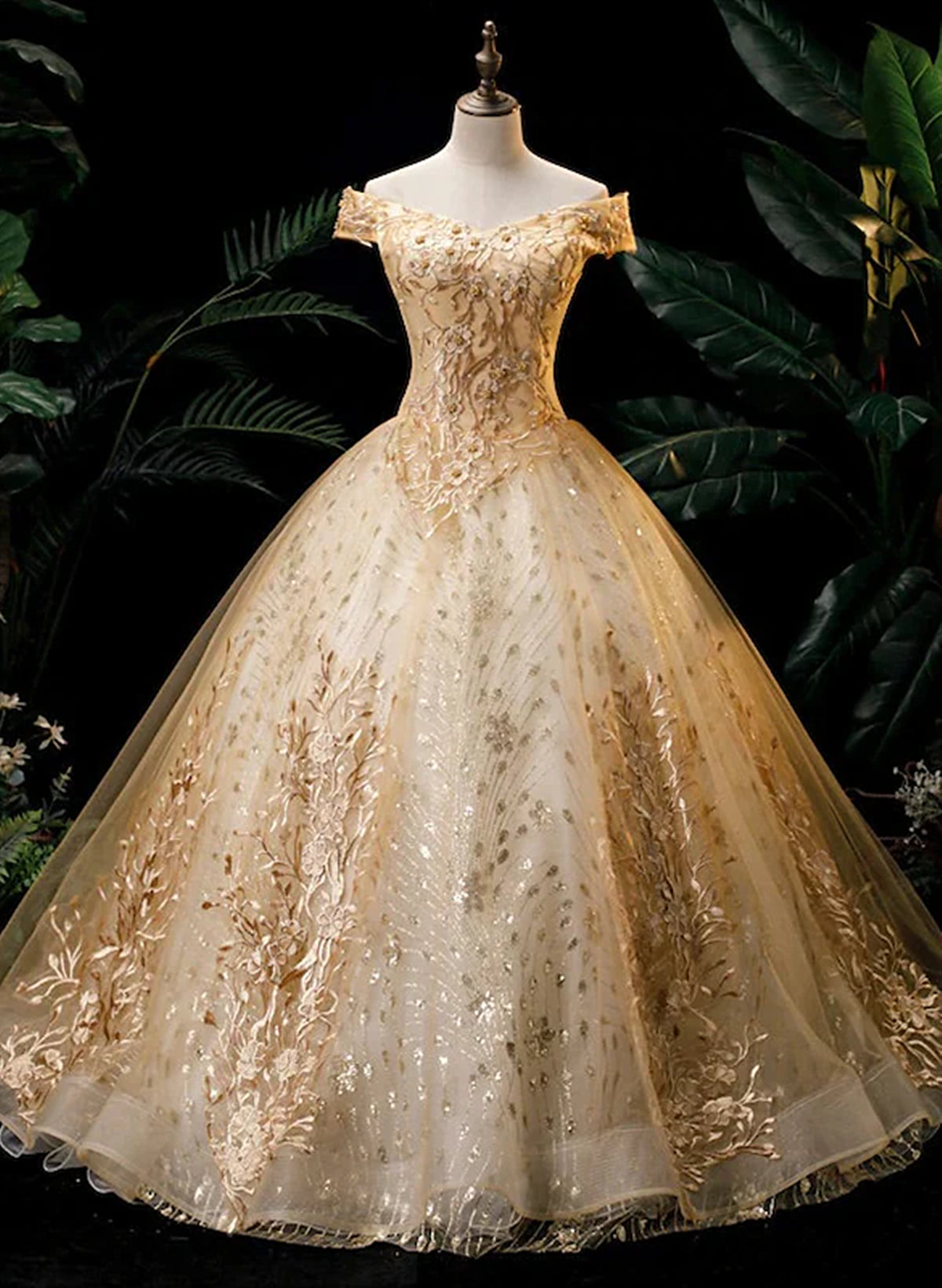 Gold Ball Gown Tulle with Lace Applique Formal Dress Outfits For Girls, Gold Sweet 16 Dress