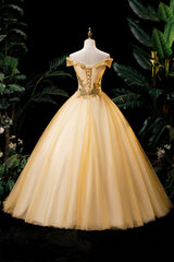 Gold Floor Length Tulle Beading Formal Dress Outfits For Girls, Lovely Off the Shoulder Evening Party Dress