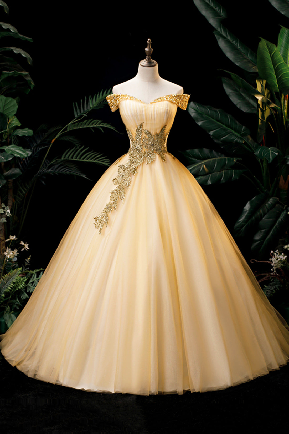 Gold Floor Length Tulle Beading Formal Dress Outfits For Girls, Lovely Off the Shoulder Evening Party Dress