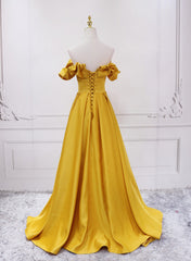 Gold Satin A-line Sweetheart Long Junior Prom Dress Outfits For Girls, Floor Length Satin Evening Dress