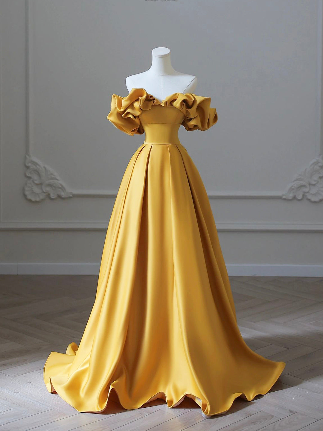 Gold Satin Long Prom Dress Outfits For Girls, Off Shoulder A-Line Formal Evening Dresses