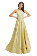 Gold Satin One Shoulder With Split Prom Dresses