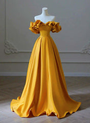 Gold Satin Sweetheart Off Shoulder A-line Prom Dress Outfits For Girls, Satin Evening Dress