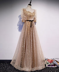 Gold Tulle Long Prom Dress Outfits For Girls, A line Gold Formal Graduation Party Dress