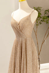 Gold V-Neck Sequins Long Prom Dress Outfits For Girls, Shiny A-Line Evening Formal Dress