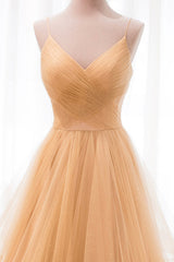 Gold V-Neck Tulle Long Prom Dress Outfits For Girls, A-Line Evening Dress