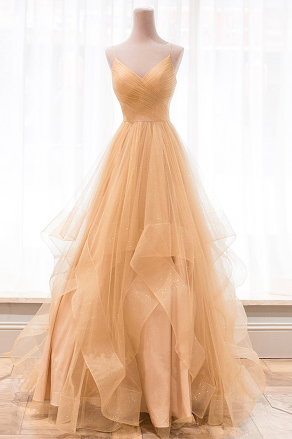 Gold V-Neck Tulle Long Prom Dress Outfits For Girls, A-Line Evening Dress