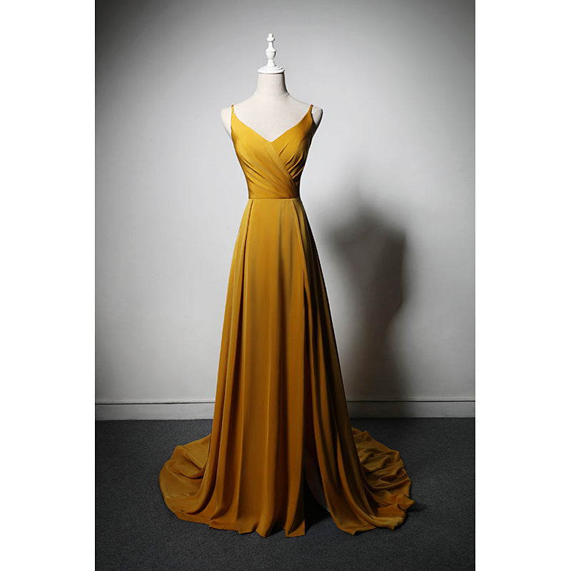 Goleden V-neckline Straps Long Party Dress Outfits For Women with Leg Slit, Long Gold Evening Dress Outfits For Women Prom Dress