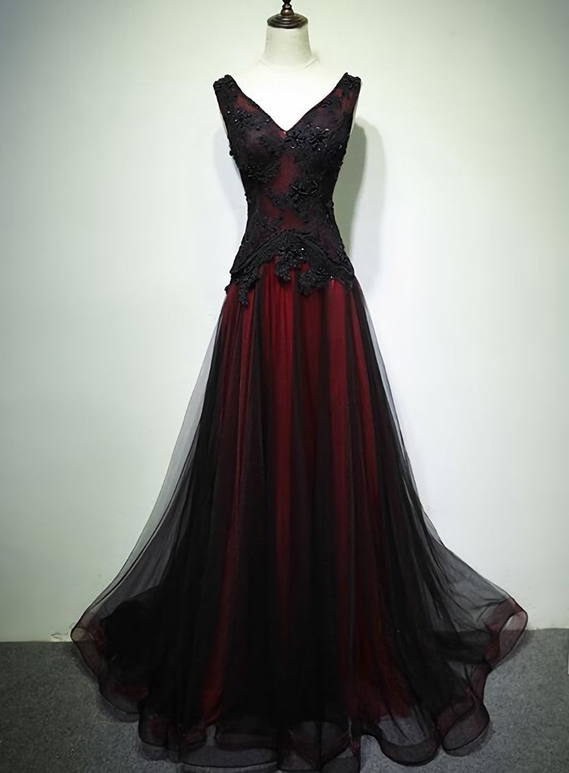 Gorgeous Black And Red V-Neckline Tulle Beaded Prom Dress Outfits For Girls, Long Evening Gown