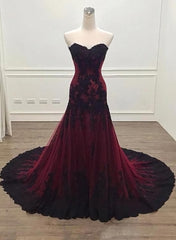 Gorgeous Black and Wine Red Mermaid Long Evening Gown Party Dress Outfits For Girls, Sweetheart Lace Formal Dresses