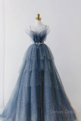 Gorgeous Blue Sparkly Tulle Beaded Prom Dress, Tiered Formal Gown With Rhinestone